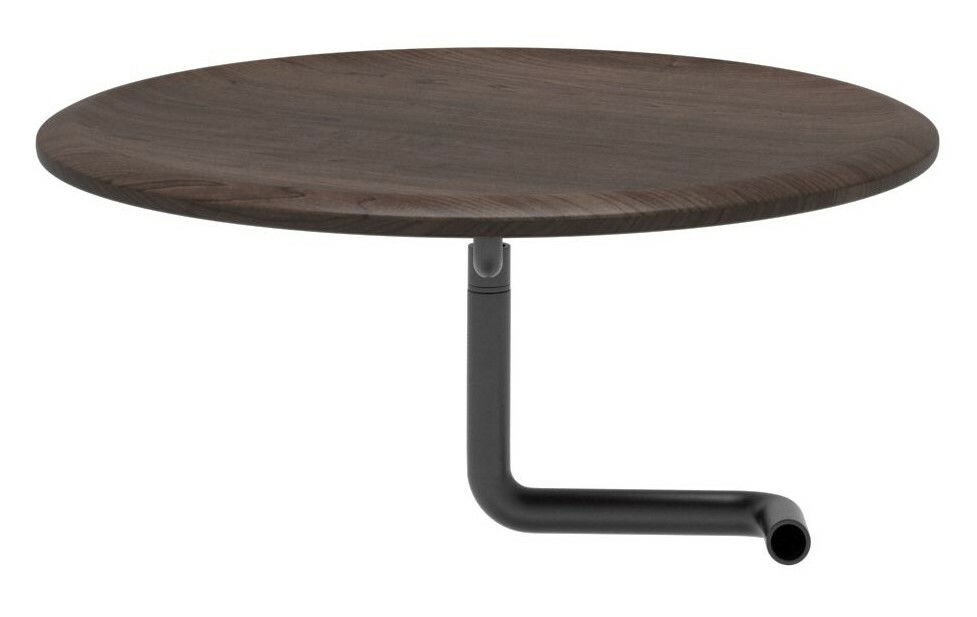 Runder Holztisch mit schwarzem Metallbein, seitliche Perspektive