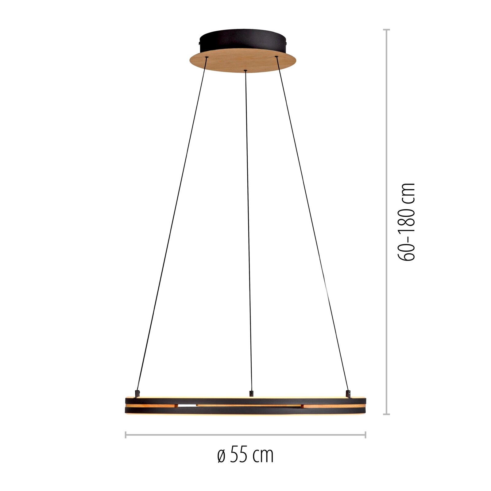 Moderne runde LED-Pendelleuchte in Schwarz mit Holzelementen, Drahtabhängung und Deckenbaldachin, Ø 55 cm und höhenverstellbar 60–180 cm, frontale Produktansicht