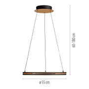 Moderne runde LED-Pendelleuchte in Schwarz mit Holzelementen, Drahtabhängung und Deckenbaldachin, Ø 55 cm und höhenverstellbar 60–180 cm, frontale Produktansicht