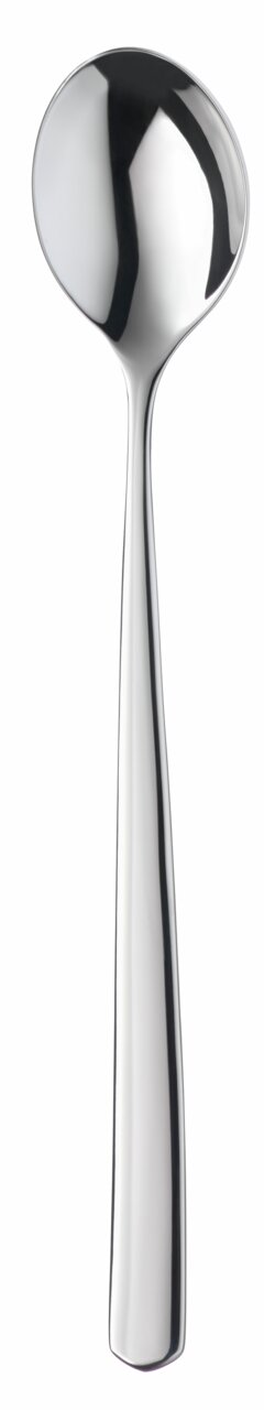 Elegante, glanzende lepel van roestvrij staal, afgebeeld van voren.