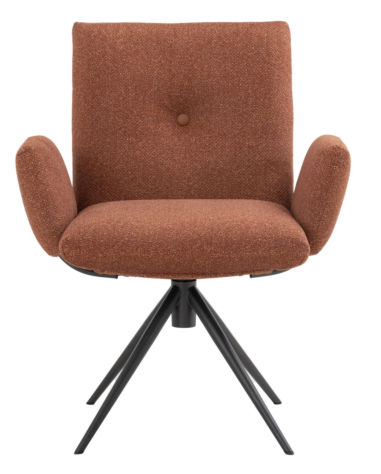 Vorderansicht eines modernen Armlehnstuhls mit braunem Stoffbezug und schwarzem Metallgestell.
