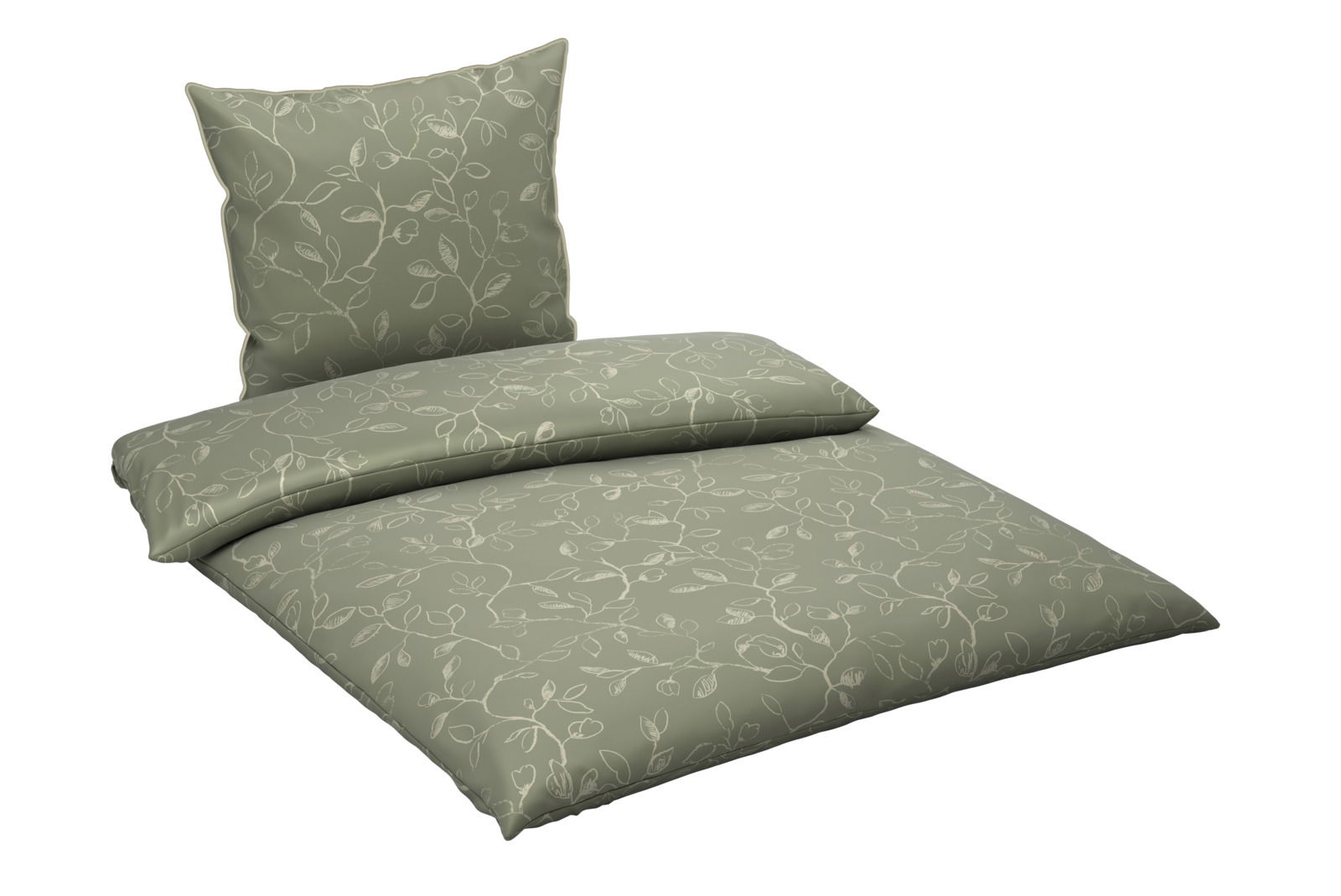Grüne Bettwäsche mit floralem Muster, perspektivisch von schräg oben fotografiert