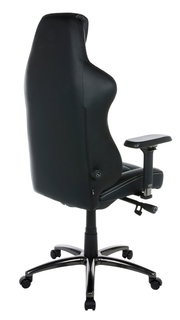 Rückansicht eines schwarzen HIVAR Gaming Stuhls EQLIPSE mit verstellbaren Armlehnen und stabiler Basis auf Rollen.