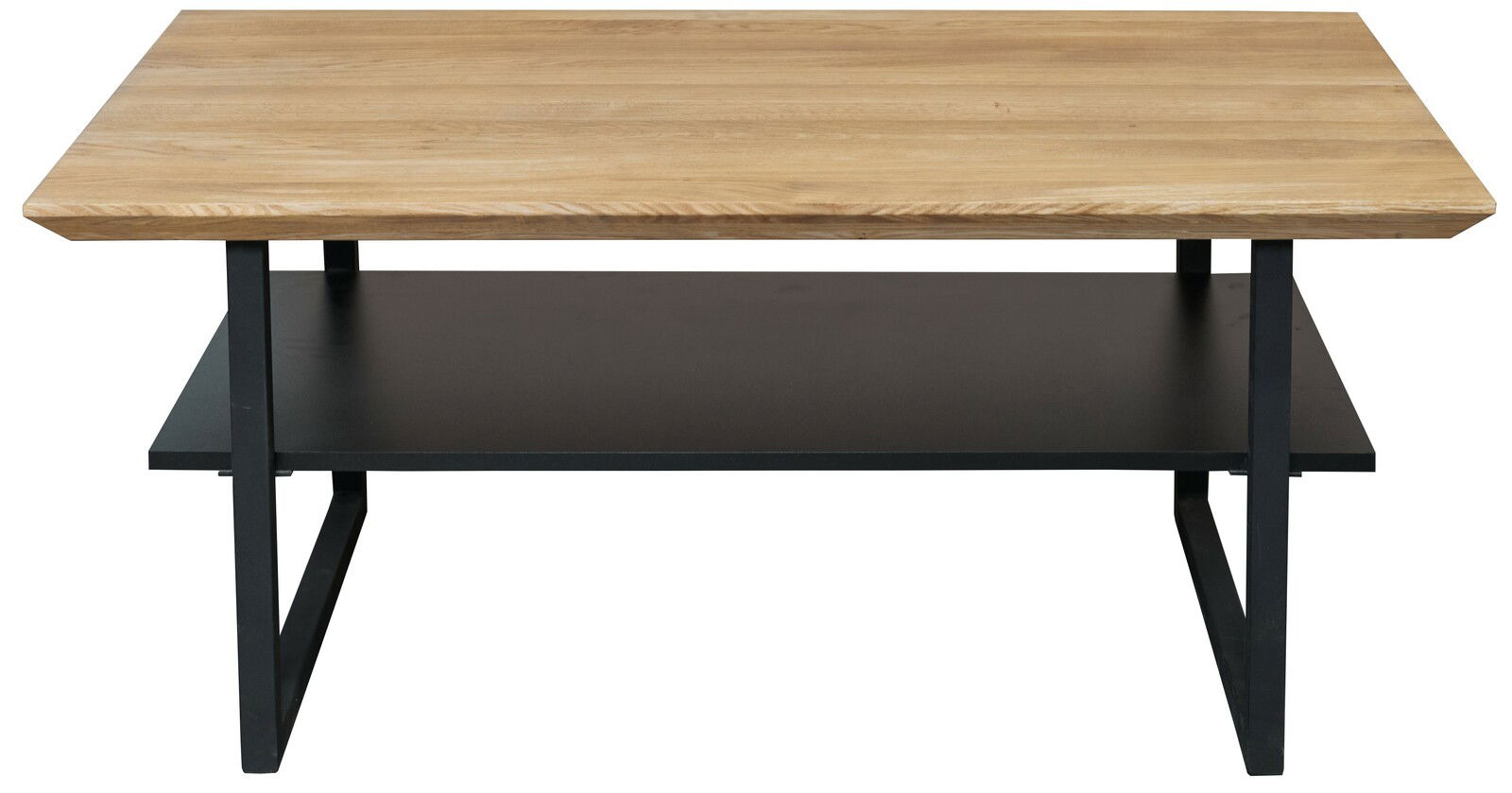 Moderner Couchtisch mit Holzplatte und schwarzem Metallgestell, frontal betrachtet.