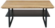Moderner Couchtisch mit Holzplatte und schwarzem Metallgestell, frontal betrachtet.