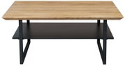 Moderne salontafel met houten blad en zwart metalen onderstel, gezien vanaf de voorkant.