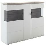 Modernes Highboard in Weiß mit Glasvitrinen und Holzoberfläche, Frontalansicht