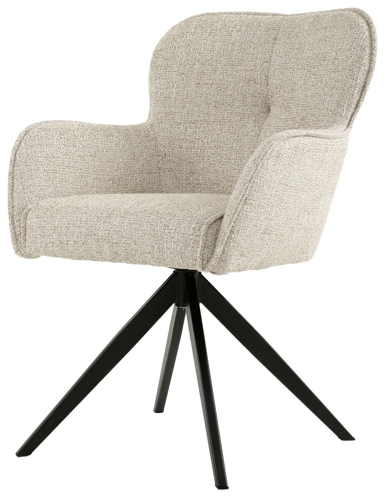 Beiger Armlehnstuhl mit schwarzem Metallgestell, seitliche Perspektive