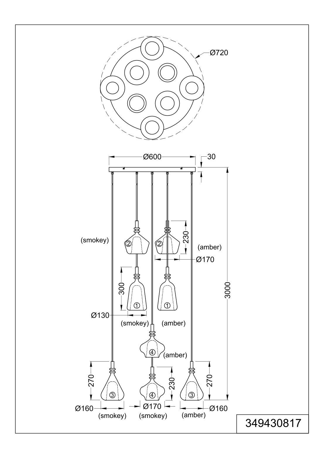Technische Zeichnung einer runden Mehrfach-Pendelleuchte mit 7 abgehängten Glasschirmen in Smokey- und Amber-Optik, Deckenplatte Ø600 mm, Gesamthöhe ca. 3000 mm, dargestellt in Draufsicht und Seitenansicht.