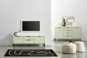 Moderne woonkamermeubels in mintgroen, bestaande uit een tv-lowboard en een dressoir, met decoratieve elementen en gefotografeerd vanuit vooraanzicht.