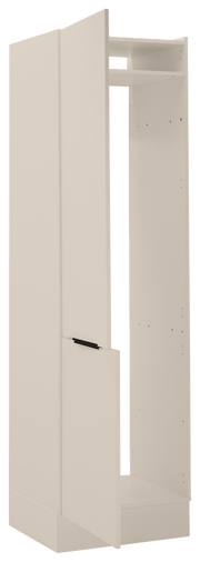 Kühlschrankumbau 60 in cremeweißer Farbe, perspektivisch von vorne links gezeigt, mit zwei offenen Türen und einem oberen Regal.