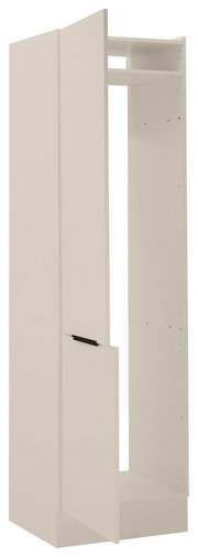 Kühlschrankumbau 60 in cremeweißer Farbe, perspektivisch von vorne links gezeigt, mit zwei offenen Türen und einem oberen Regal.