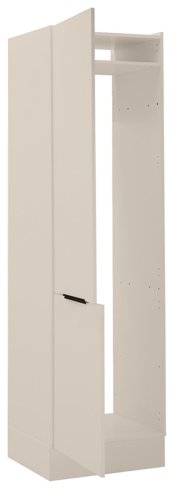 Kühlschrankumbau 60 in cremeweißer Farbe, perspektivisch von vorne links gezeigt, mit zwei offenen Türen und einem oberen Regal.