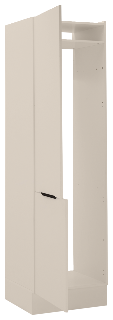 Kühlschrankumbau 60 in cremeweißer Farbe, perspektivisch von vorne links gezeigt, mit zwei offenen Türen und einem oberen Regal.