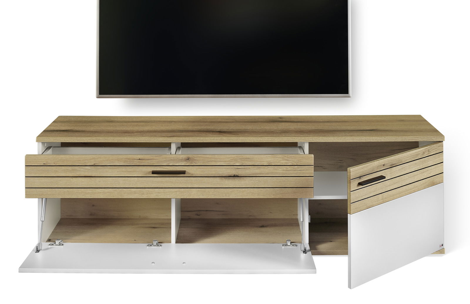 TV-Lowboard aus Holz mit offenen Schubladen und Türen, Frontansicht