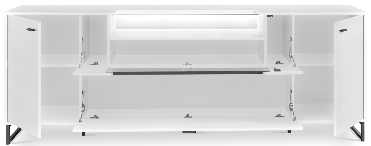 Weißes TV-Lowboard mit offenen Türen und Klappen, Innenansicht mit Regalböden, frontale Perspektive