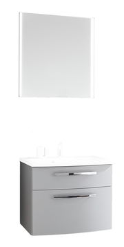 Moderner Badblock in Grau mit Spiegel und Waschbecken, Frontalansicht