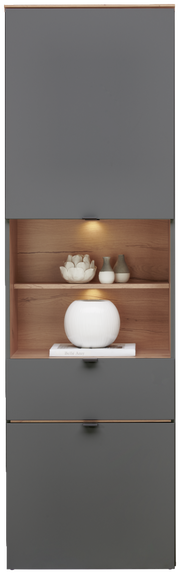 Vitrine DIANA in grauer Frontansicht mit beleuchtetem Holzregal, dekoriert mit Keramikvasen und einem Buch.