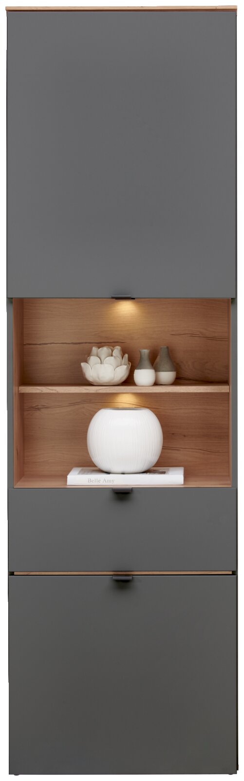 Vitrine DIANA in grijs, gezien vanaf de voorkant, met een verlichte houten plank, versierd met keramische vazen en een boek.