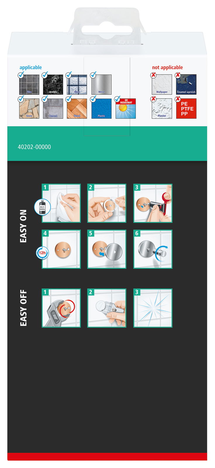 Rückseite der Verpackung der tesa Aluxx Duschablage mit Anwendungsanweisungen und Materialkompatibilität.