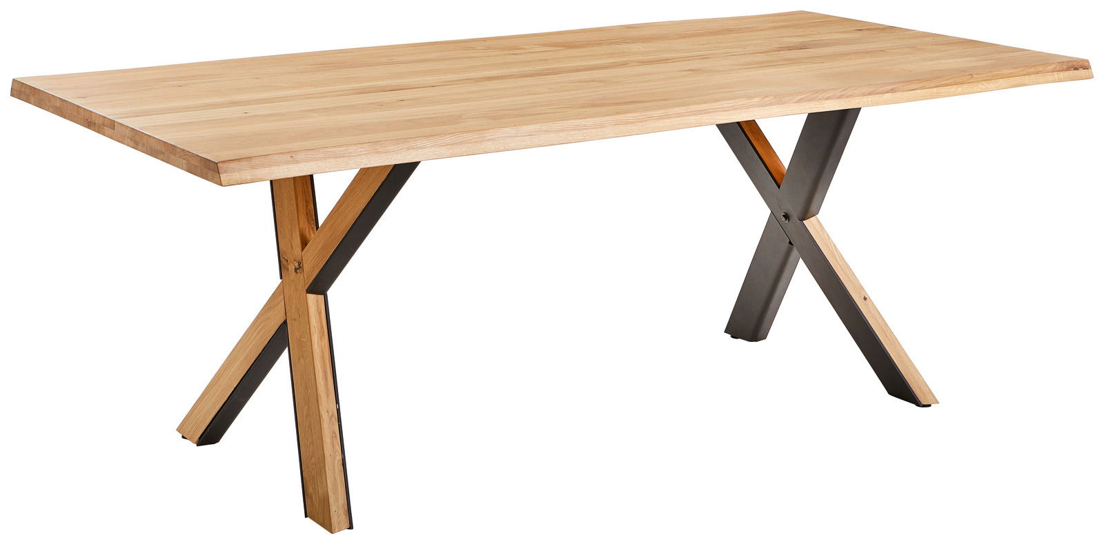 Moderner Esstisch aus Holz mit X-förmigen Metallbeinen, seitliche Perspektive