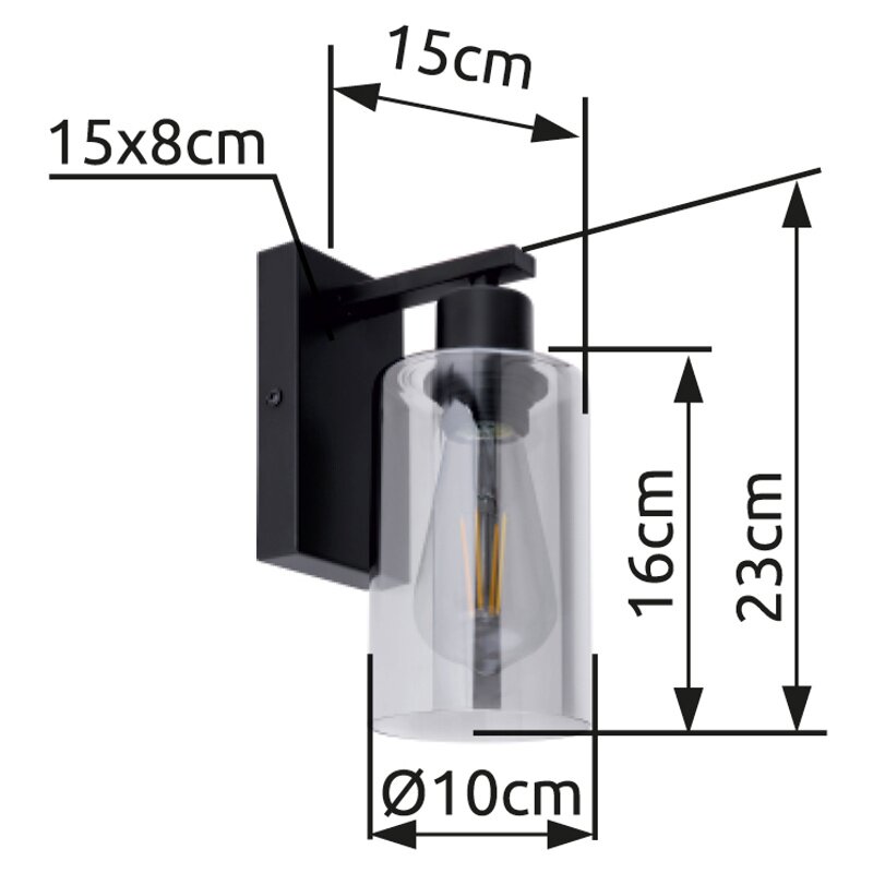 Moderne Wandleuchte mit klarem Glaszylinder und schwarzer Halterung, seitliche Perspektive