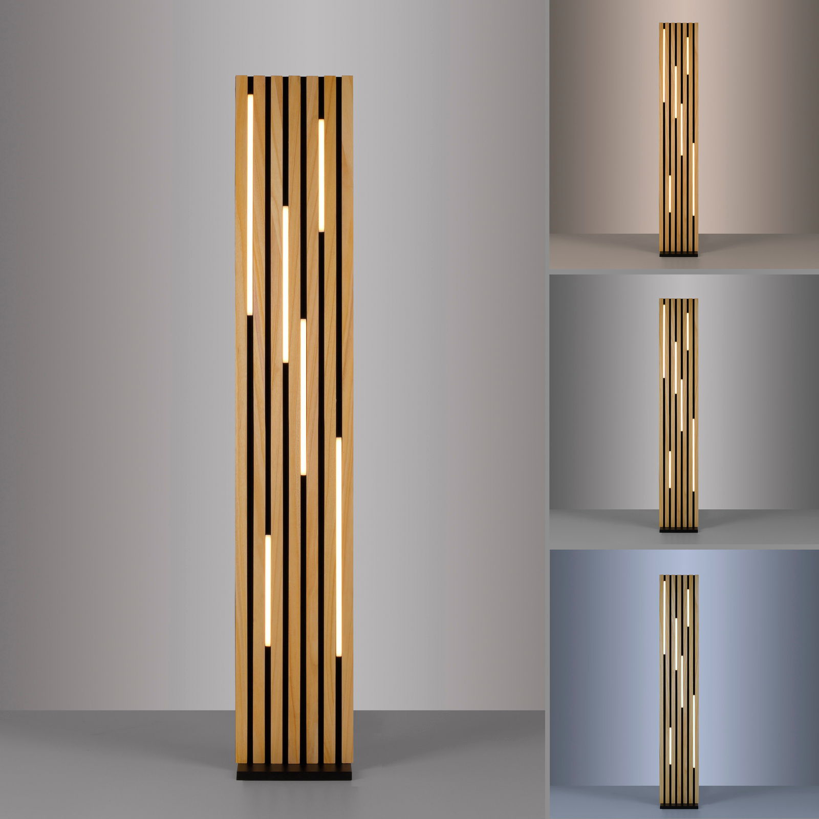 Moderne LED-Stehleuchte aus Holz mit vertikalen Lichtstreifen, frontal abgebildet.