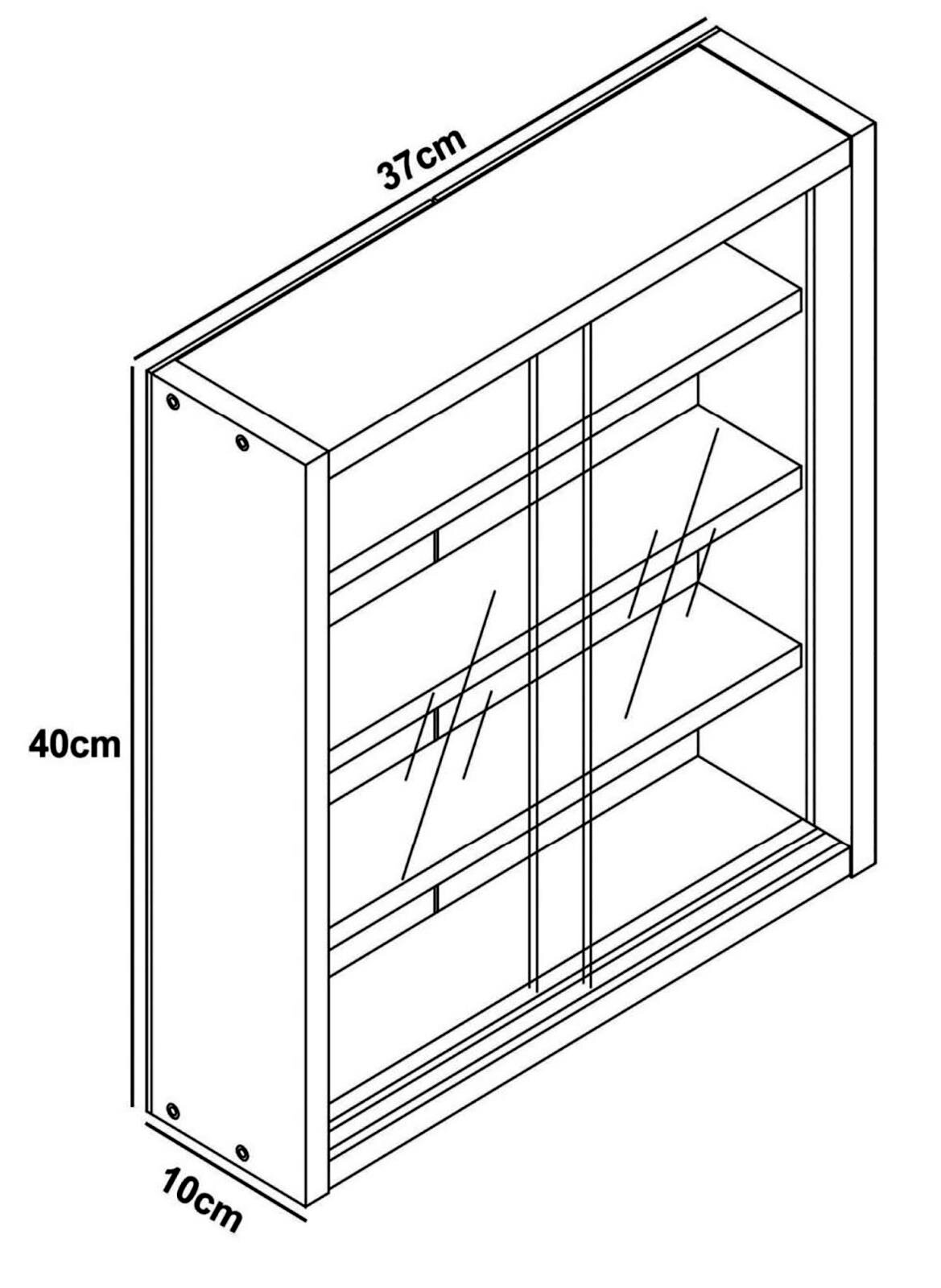Technische Strichzeichnung eines wandmontierten Medizinschranks/Badschranks mit zwei Schiebetüren und zwei Innenböden, Maße ca. 37 × 40 × 10 cm, dargestellt in schräger Perspektive von vorn links.