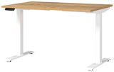 Elektrisch höhenverstellbarer Schreibtisch mit Holzplatte und weißen Metallbeinen, seitliche Perspektive