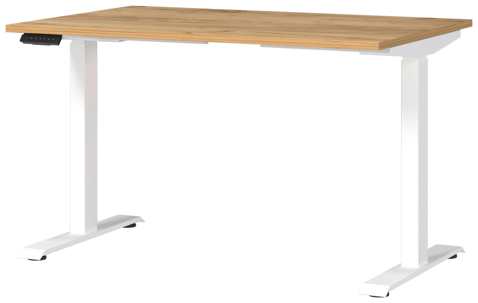 Elektrisch höhenverstellbarer Schreibtisch mit Holzplatte und weißen Metallbeinen, seitliche Perspektive