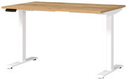 Elektrisch höhenverstellbarer Schreibtisch mit Holzplatte und weißen Metallbeinen, seitliche Perspektive