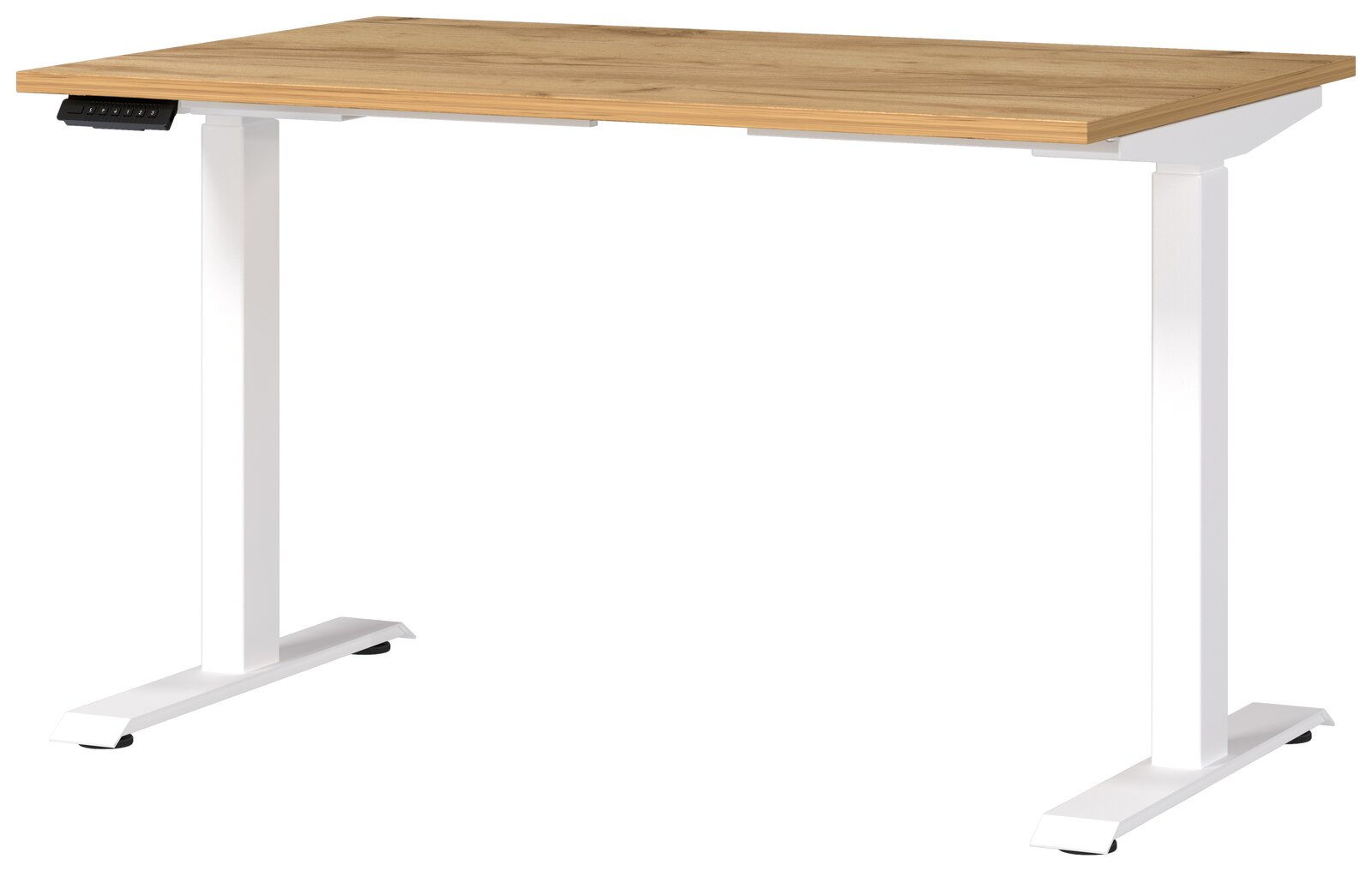 Elektrisch höhenverstellbarer Schreibtisch mit Holzplatte und weißen Metallbeinen, seitliche Perspektive
