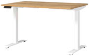 Elektrisch höhenverstellbarer Schreibtisch mit Holzplatte und weißen Metallbeinen, seitliche Perspektive