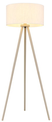 Beige Tripod-Stehlampe mit drei Holzbeinen und zylindrischem Stoffschirm, freigestellt auf weißem Hintergrund, Frontansicht.