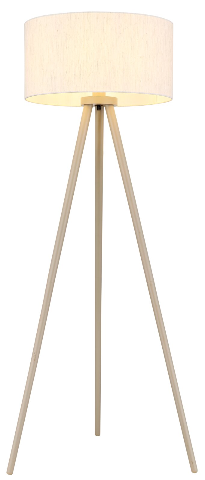 Beige Tripod-Stehlampe mit drei Holzbeinen und zylindrischem Stoffschirm, freigestellt auf weißem Hintergrund, Frontansicht.
