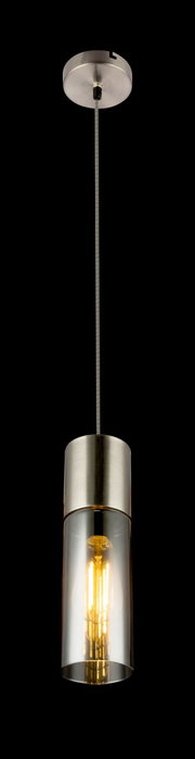 Moderne Hängeleuchte mit zylindrischem Glasdesign und sichtbarer Glühbirne, von unten betrachtet.