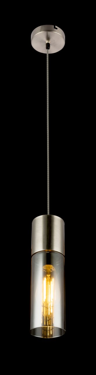 Moderne Hängeleuchte mit zylindrischem Glasdesign und sichtbarer Glühbirne, von unten betrachtet.