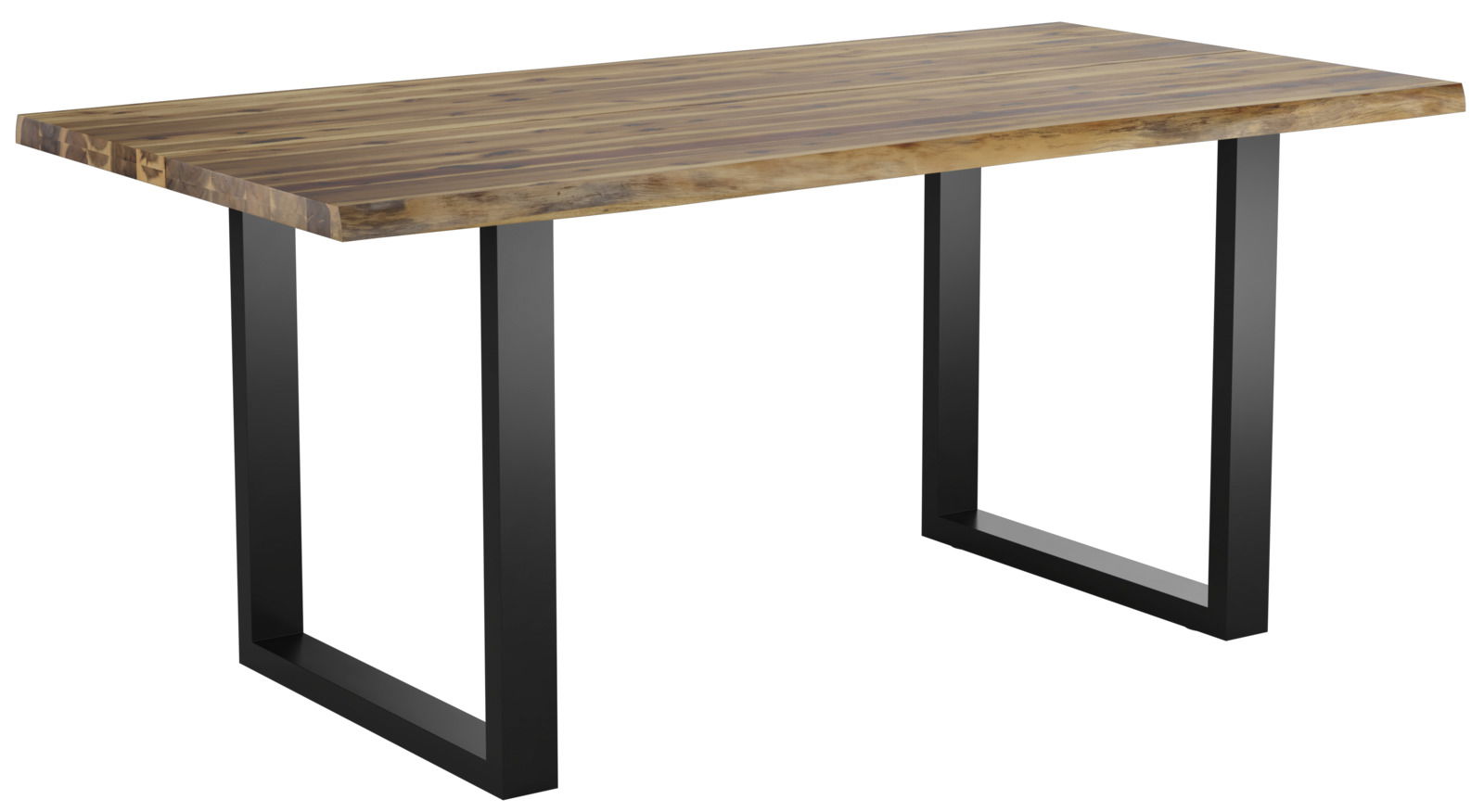 Moderner Gartentisch mit Holzplatte und schwarzen Metallbeinen, seitliche Perspektive