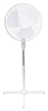 Weißer Standventilator mit drei Flügeln, frontal abgebildet