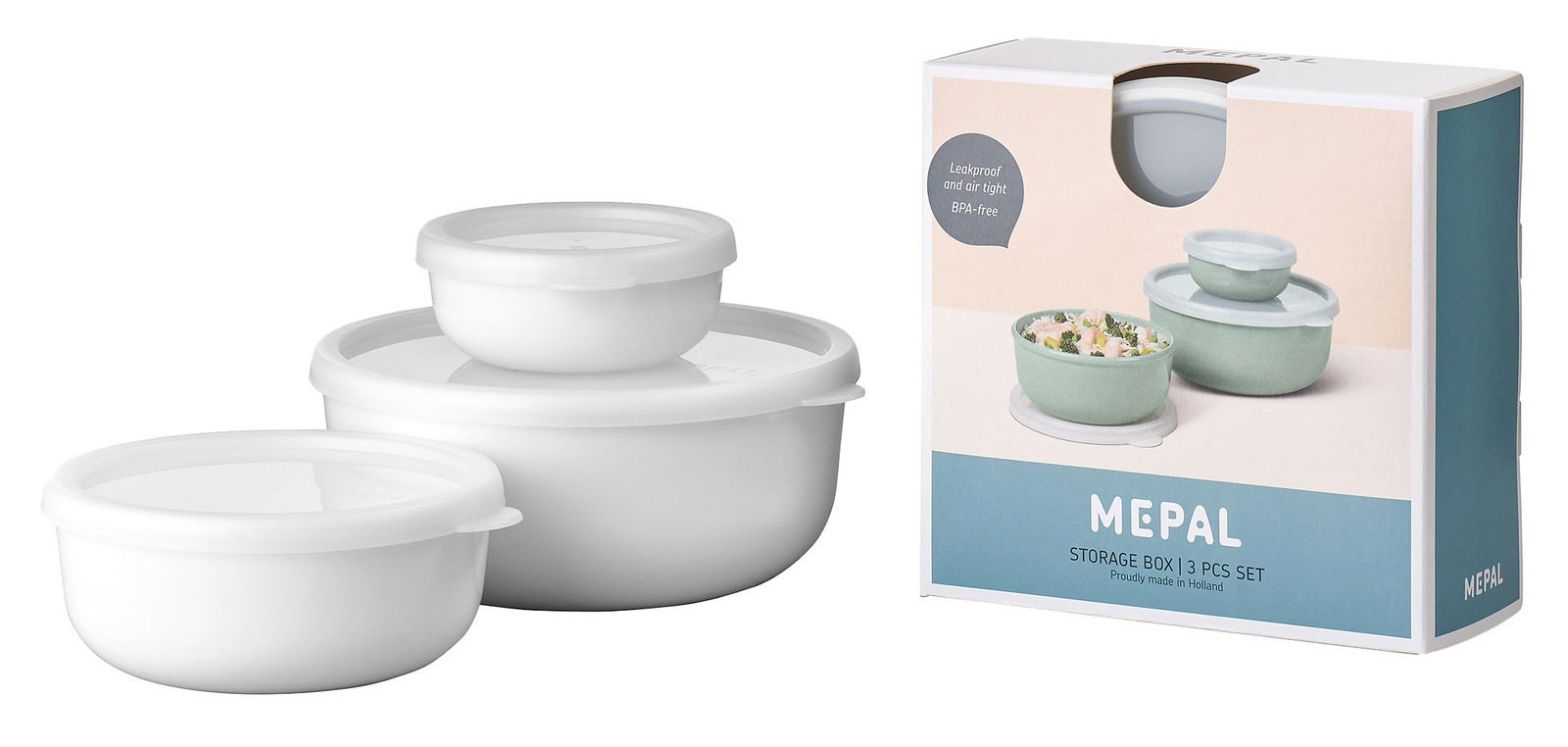 Dreiteiliges weißes Vorratsdosen-Set Lumina von Mepal, bestehend aus stapelbaren runden Behältern mit Deckeln, abgebildet in einer leicht seitlichen Perspektive neben der Produktverpackung.