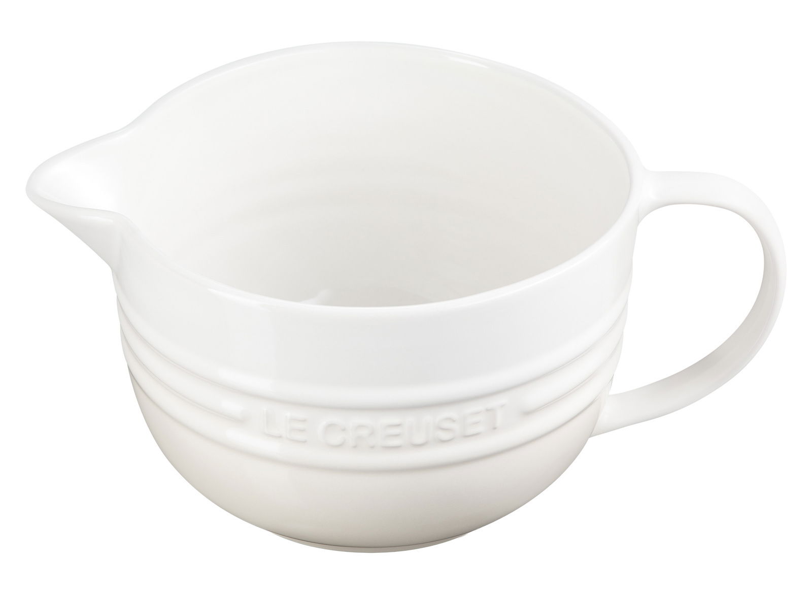 LE CREUSET Rührschüssel mit Henkel STONE Weiße Rührschüssel mit Henkel und Ausguss, seitliche Perspektive