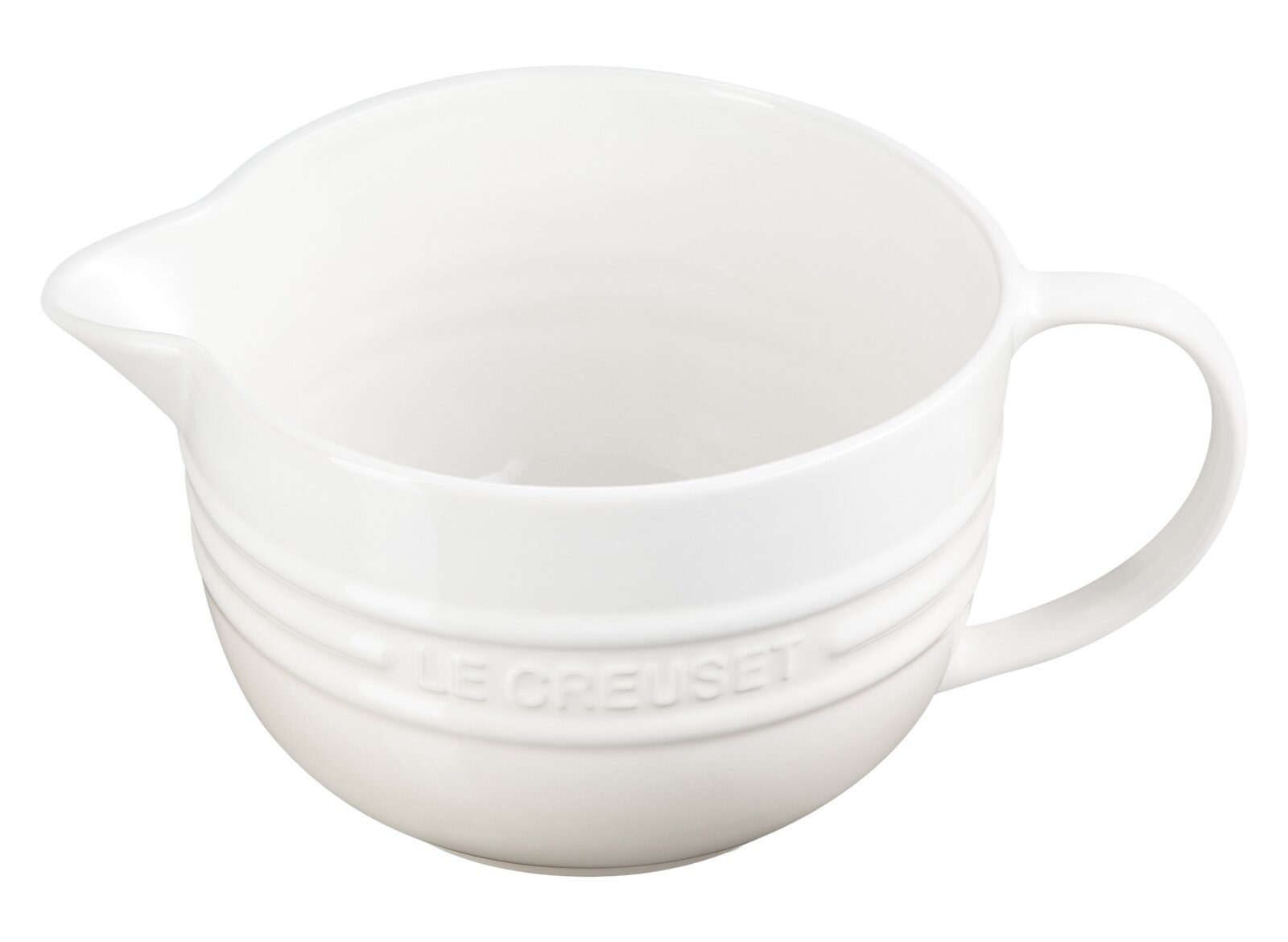 LE CREUSET Rührschüssel mit Henkel STONE Weiße Rührschüssel mit Henkel und Ausguss, seitliche Perspektive