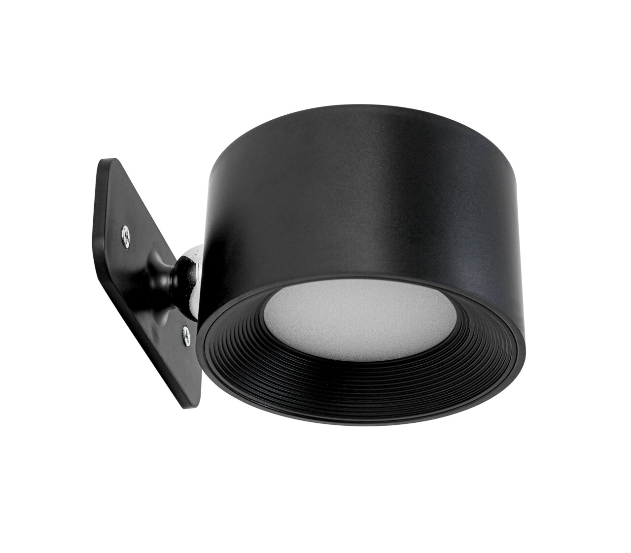 Schwarze, zylindrische Akku-Wandleuchte aus seitlicher Perspektive