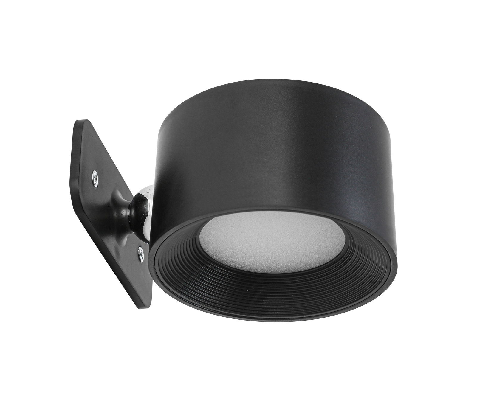 Schwarze, zylindrische Akku-Wandleuchte aus seitlicher Perspektive