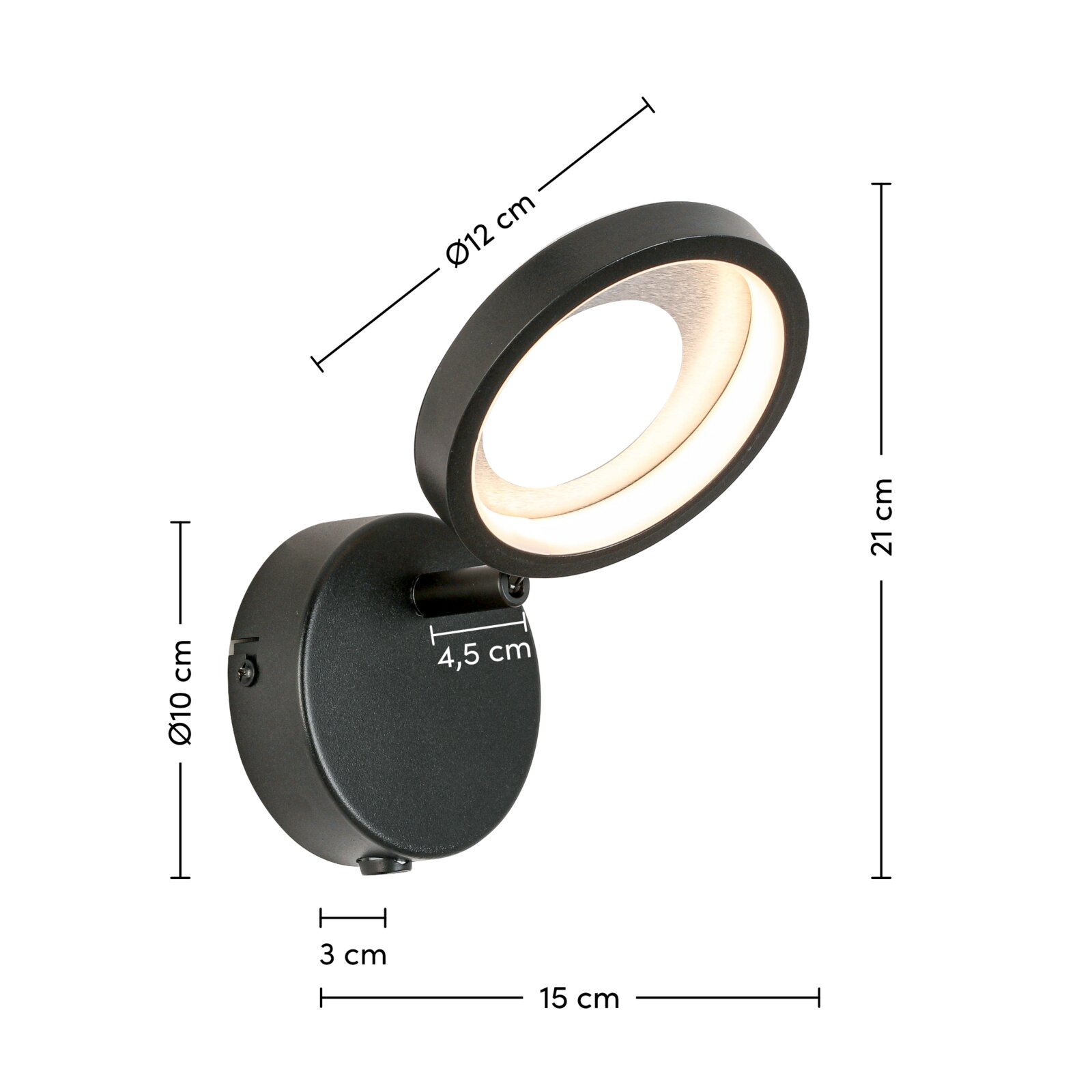 Schwarzer LED-Strahler mit rundem, verstellbarem Leuchtkopf, seitliche Perspektive