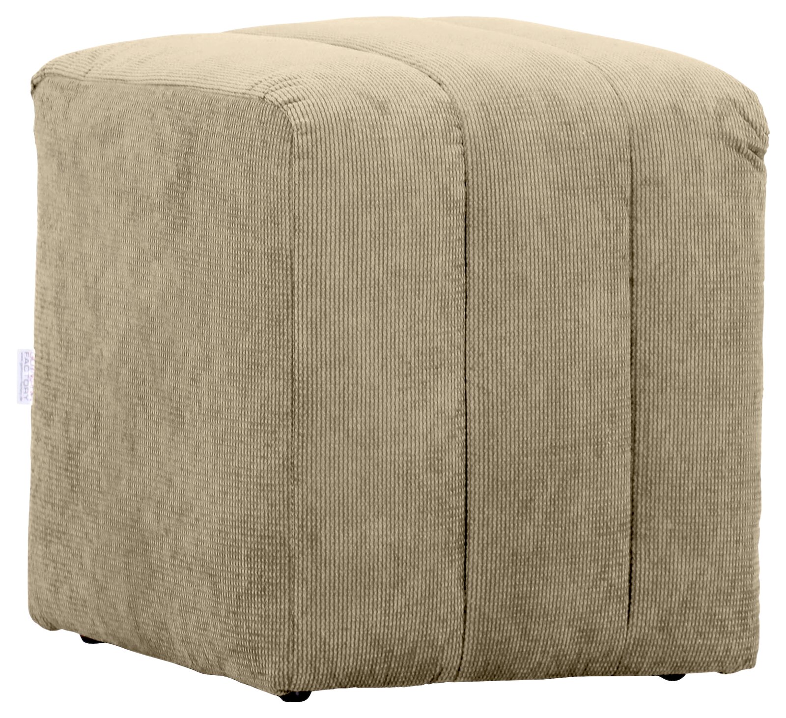Beiger, quadratischer Hocker aus Cordstoff, seitliche Perspektive