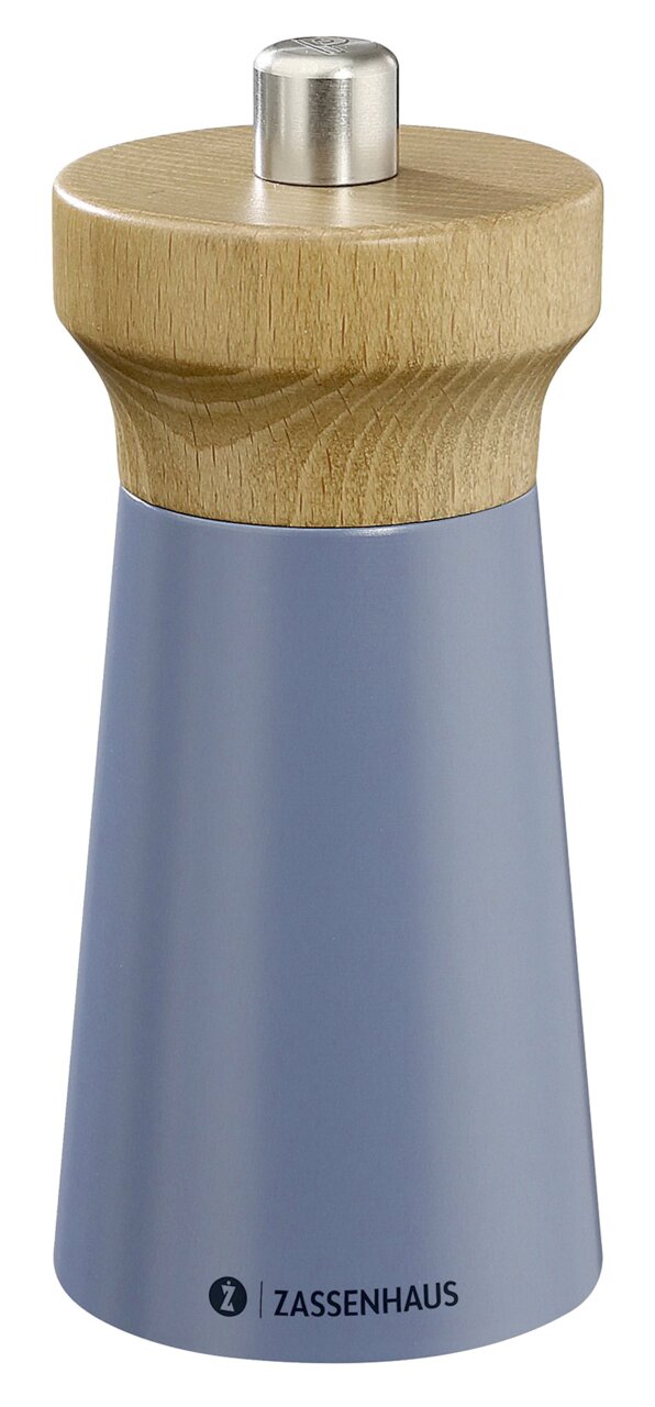 Blaue Salzmühle aus Holz mit Metallknopf, seitliche Ansicht