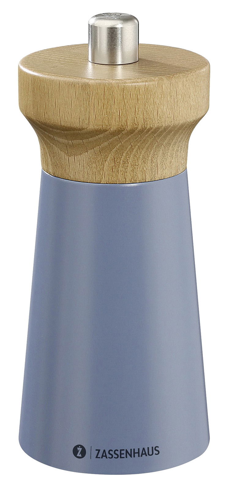 Blaue Salzmühle aus Holz mit Metallknopf, seitliche Ansicht