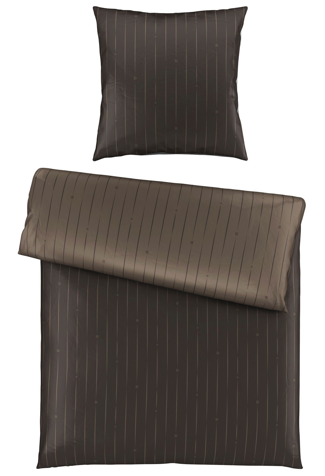 Dieter Knoll Wendebettwäsche in dunklem Braun mit feinen Streifen, Ansicht von oben.