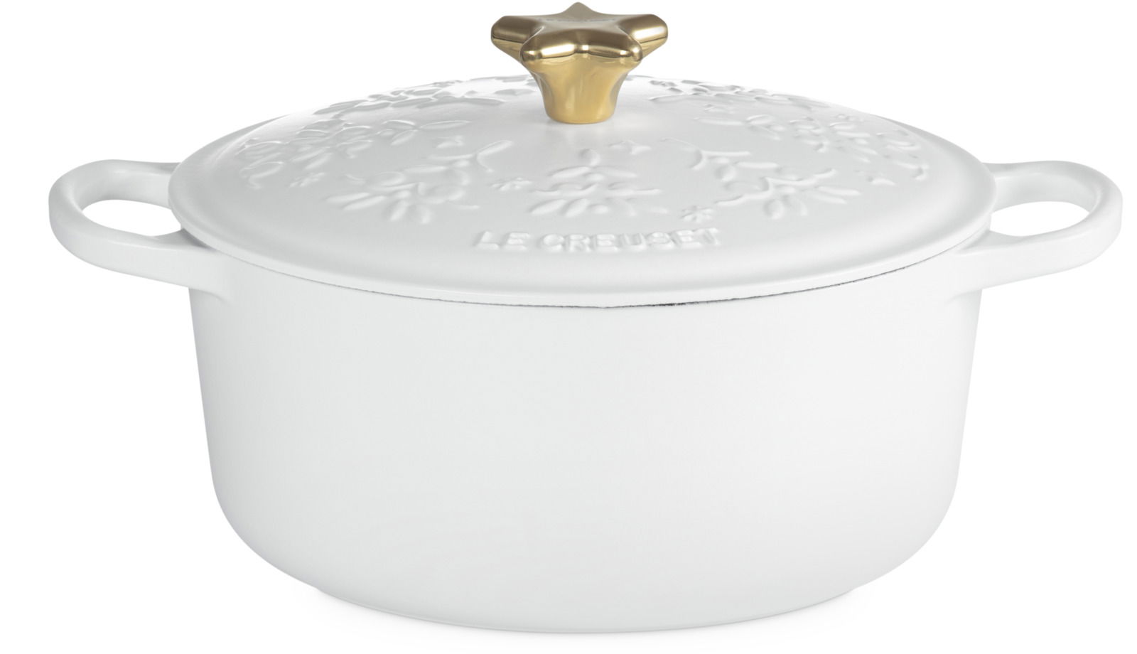 Weißer Bräter mit goldfarbenem Griff und weihnachtlichem Muster, seitliche Perspektive